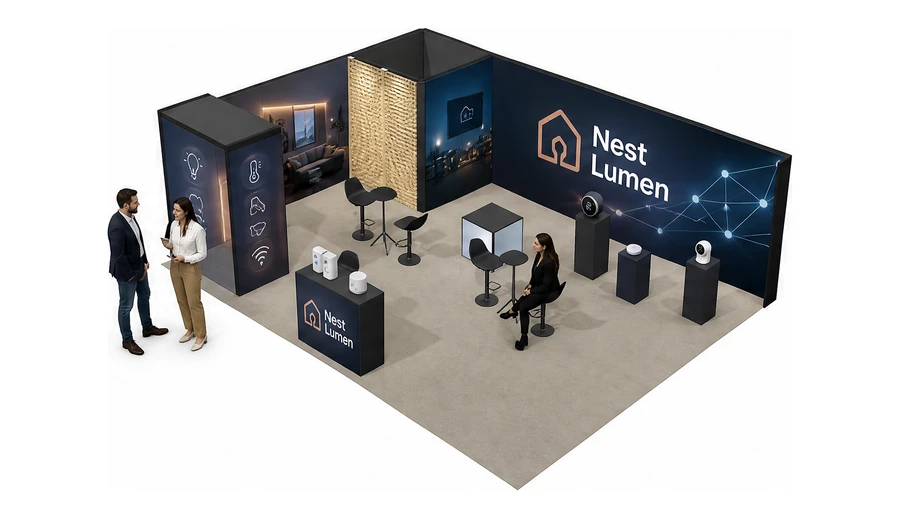 Stoisko 8 × 6 m narożne lewe dla branży smart home i IoT, przykładowa marka Nest Lumen