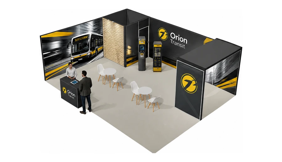 Stoisko 8 × 6 m narożne lewe dla branży autobusy i transport zbiorowy, przykładowa marka Orion Transit