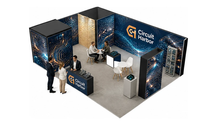 Stoisko 8 × 6 m narożne lewe dla branży komponenty elektroniczne, przykładowa marka Circuit Harbor