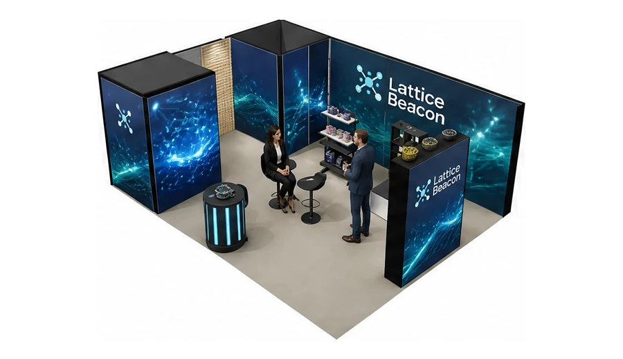 Stoisko 8 × 6 m narożne lewe dla branży sztuczna inteligencja i dane, przykładowa marka Lattice Beacon