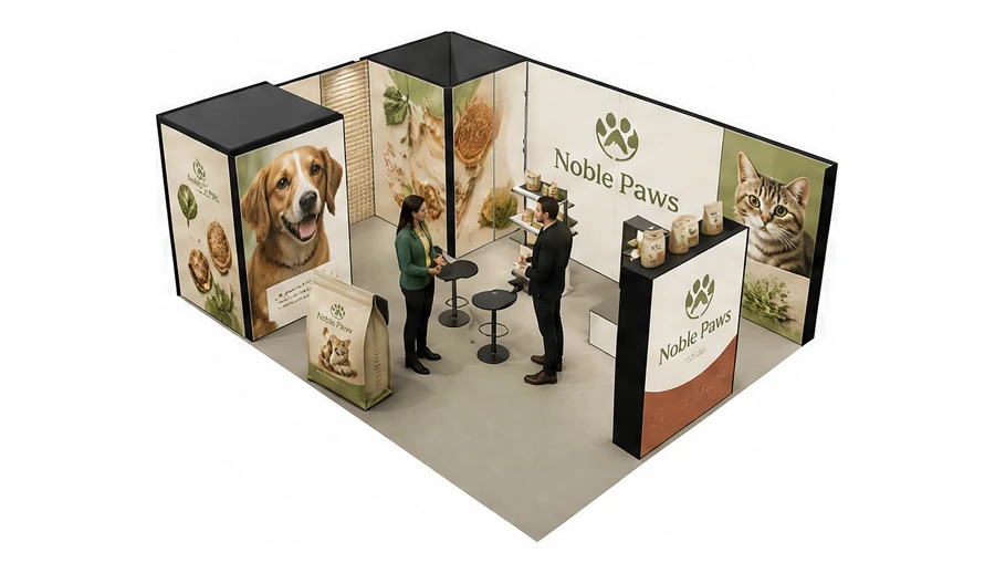 Stoisko 8 × 6 m narożne lewe dla branży karma dla zwierząt, przykładowa marka Noble Paws