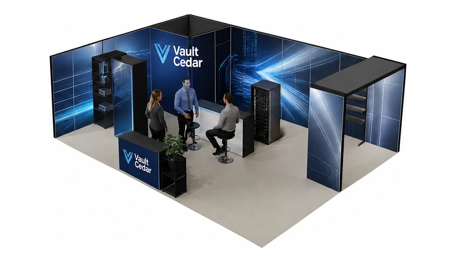 Stoisko 8 × 6 m narożne lewe dla branży infrastruktura IT i data center, przykładowa marka Vault Cedar