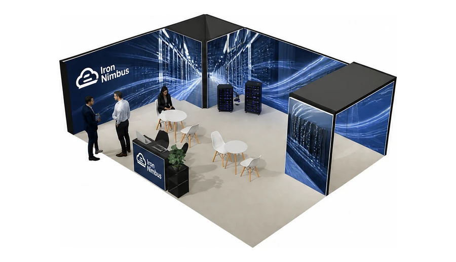 Stoisko 8 × 6 m narożne lewe dla branży infrastruktura IT i data center, przykładowa marka Iron Nimbus