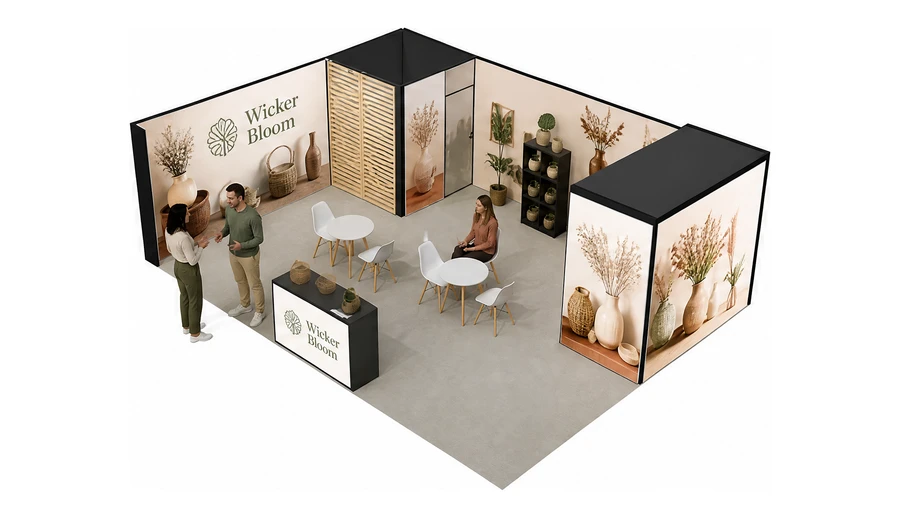 Stoisko 8 × 6 m narożne lewe dla branży dekoracje i upominki, przykładowa marka Wicker Bloom