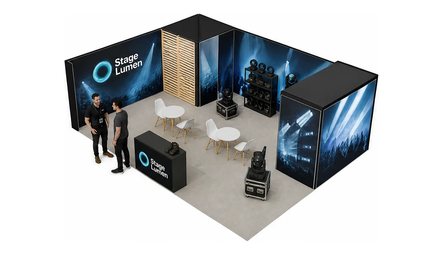 Stoisko 8 × 6 m narożne lewe dla branży branża eventowa, przykładowa marka Stage Lumen