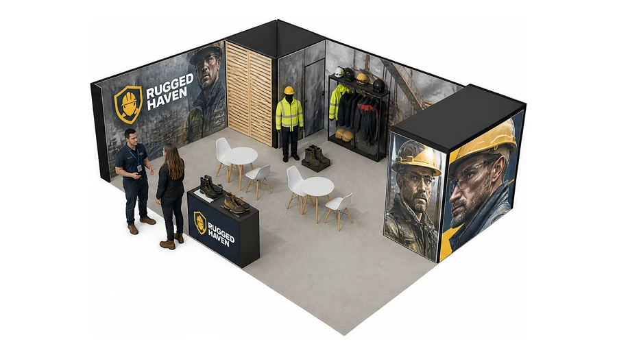 Stoisko 8 × 6 m narożne lewe dla branży BHP i odzież ochronna, przykładowa marka Rugged Haven