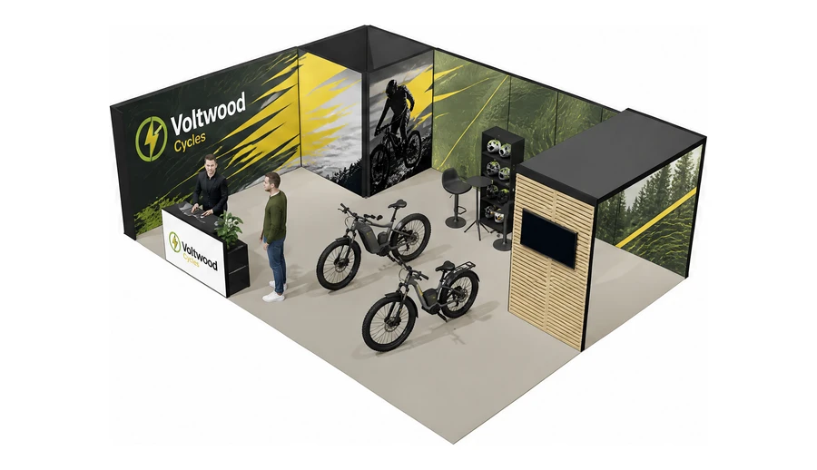 Stoisko 8 × 6 m narożne lewe dla branży rowery elektryczne, przykładowa marka Voltwood Cycles