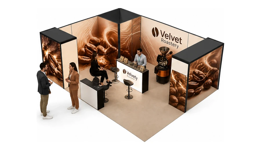 Stoisko 8 × 6 m narożne lewe dla branży palarnia kawy, przykładowa marka Velvet Roastery