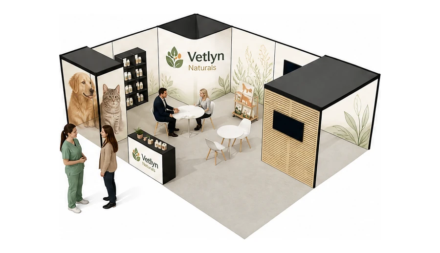 Stoisko 8 × 6 m narożne lewe dla branży weterynaria, przykładowa marka Vetlyn Naturals
