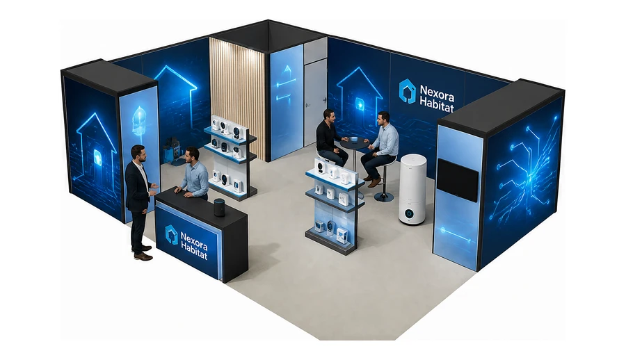 Stoisko 8 × 6 m narożne lewe dla branży smart home i IoT, przykładowa marka Nexora Habitat