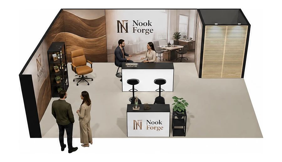 Stoisko 8 × 6 m narożne lewe dla branży meble biurowe, przykładowa marka Nook Forge