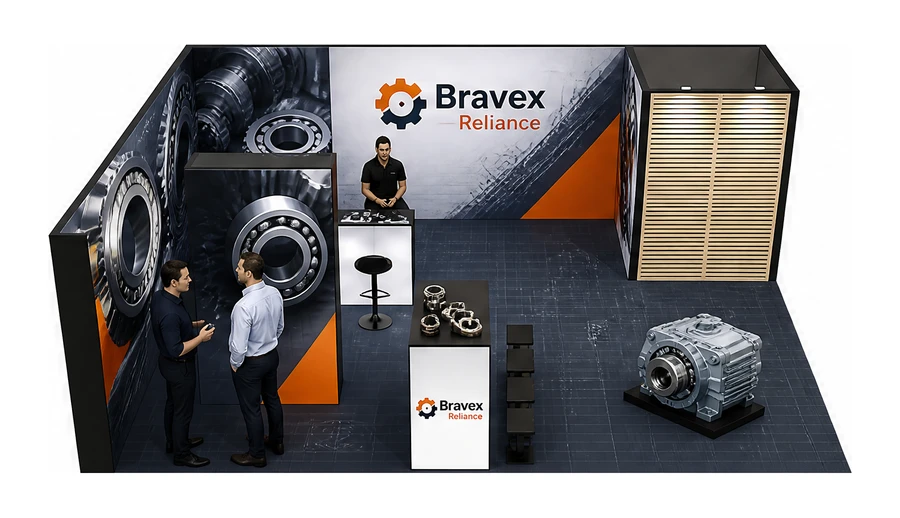 Stoisko 8 × 6 m narożne lewe dla branży utrzymanie ruchu, przykładowa marka Bravex Reliance