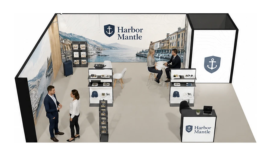 Stoisko 8 × 6 m narożne lewe dla branży ubezpieczenia, przykładowa marka Harbor Mantle