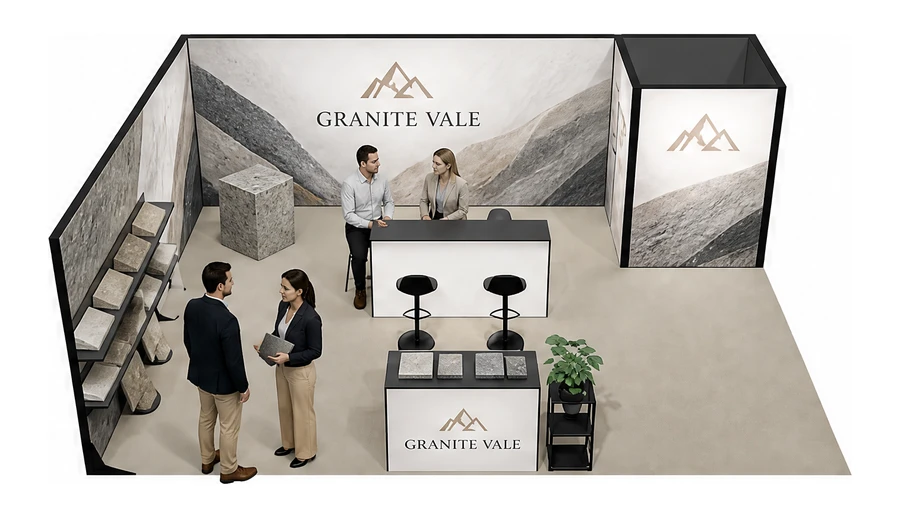 Stoisko 8 × 6 m narożne lewe dla branży kamień i kamieniarstwo, przykładowa marka Granite Vale