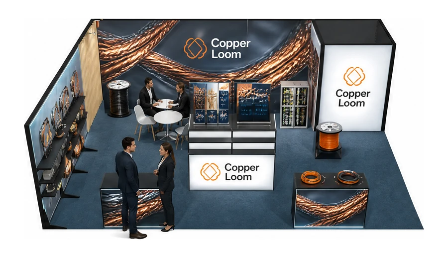 Stoisko 8 × 6 m narożne lewe dla branży kable i elektrotechnika, przykładowa marka Copper Loom
