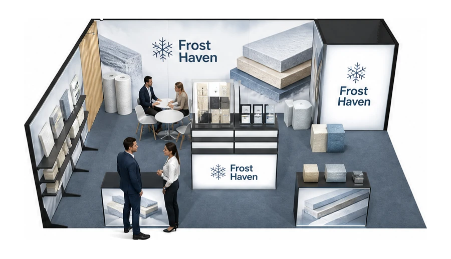 Stoisko 8 × 6 m narożne lewe dla branży izolacje techniczne, przykładowa marka Frost Haven