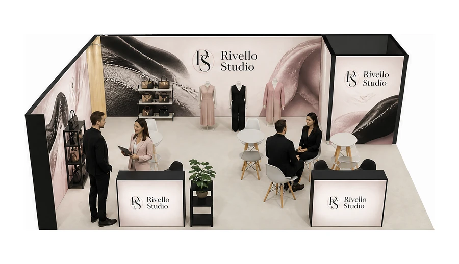 Stoisko 8 × 6 m narożne lewe dla branży odzież i moda, przykładowa marka Rivello Studio