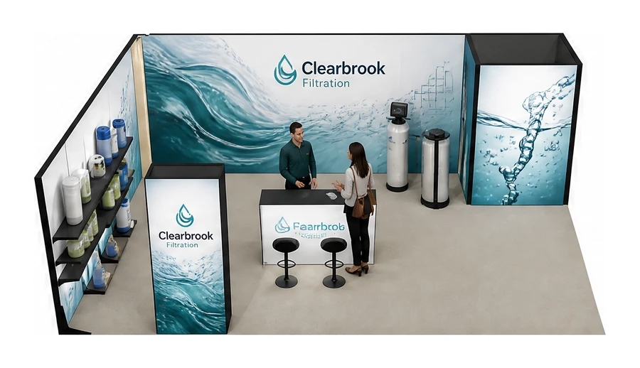 Stoisko 8 × 6 m narożne lewe dla branży technologie wodne, przykładowa marka Clearbrook Filtration