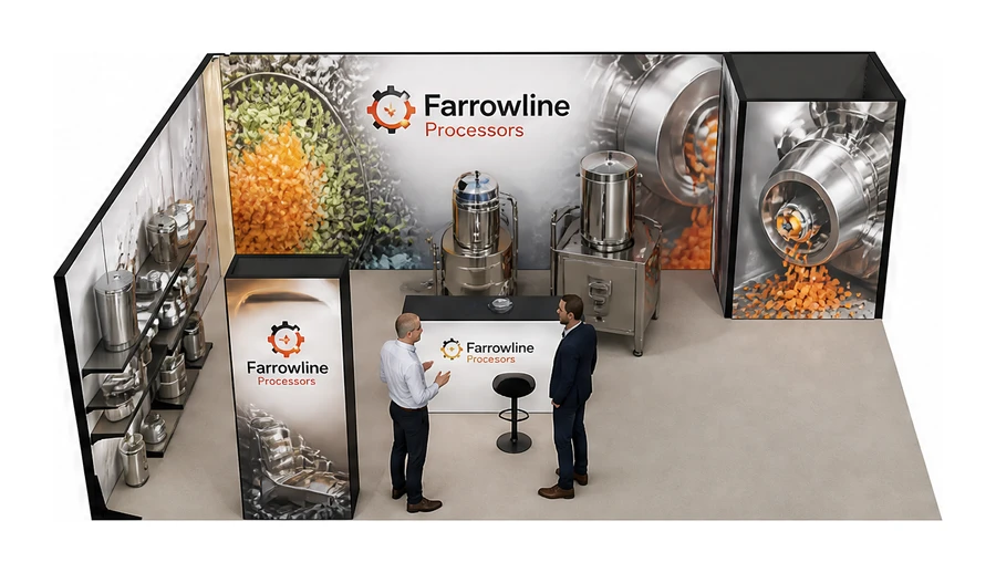 Stoisko 8 × 6 m narożne lewe dla branży technologie spożywcze, przykładowa marka Farrowline Processors