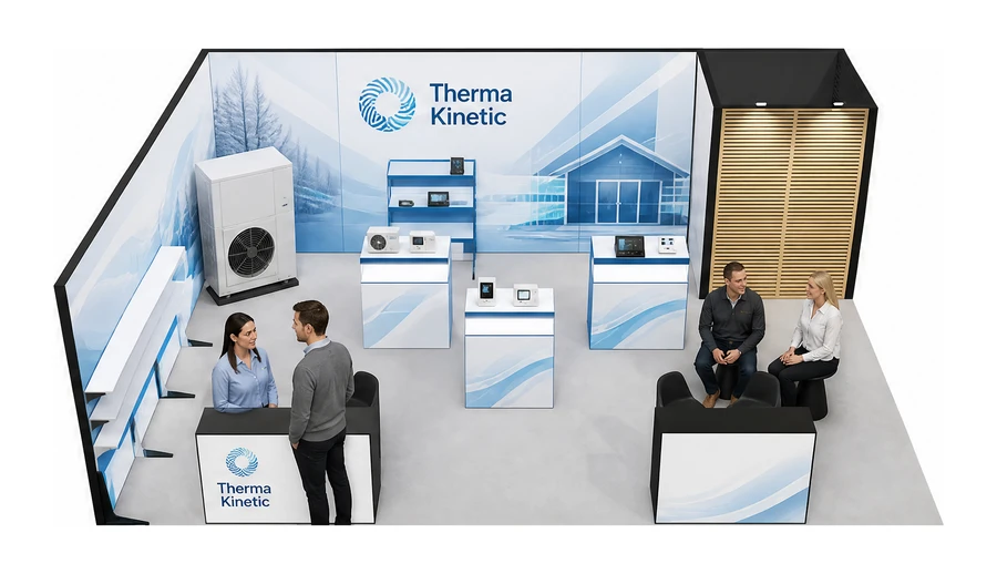 Stoisko 8 × 6 m narożne lewe dla branży pompy ciepła i ogrzewanie, przykładowa marka Therma Kinetic