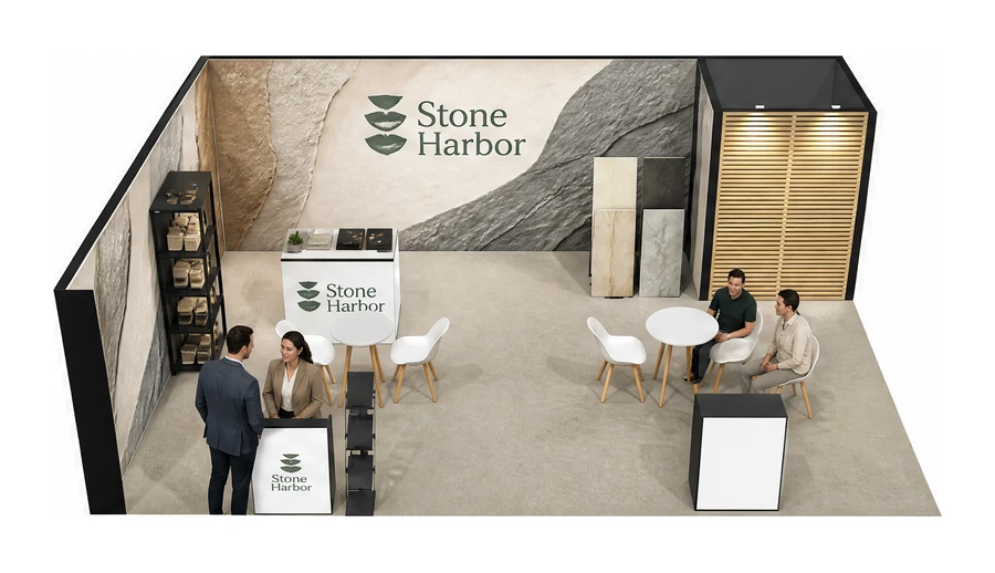 Stoisko 8 × 6 m narożne lewe dla branży wykończenie wnętrz, przykładowa marka Stone Harbor