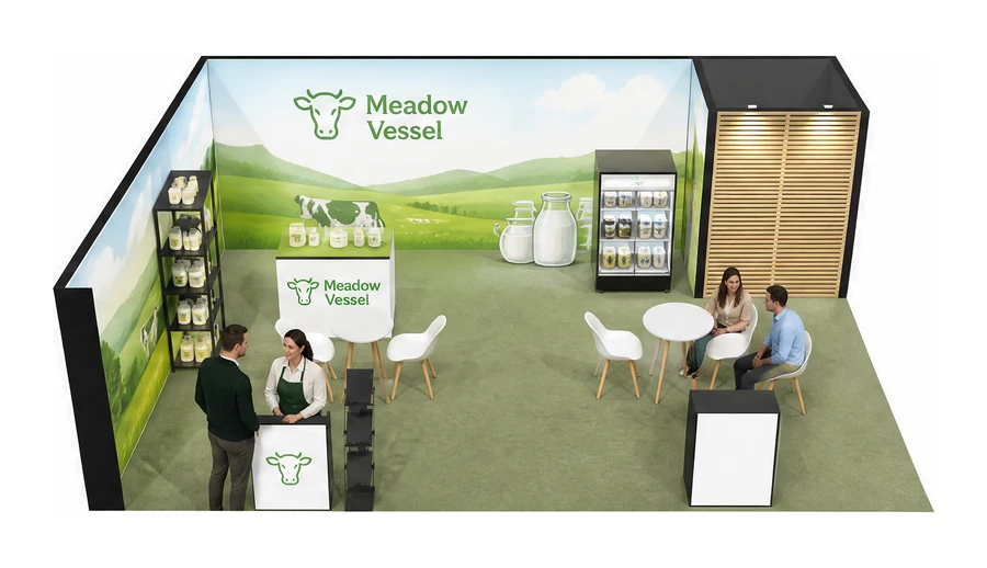 Stoisko 8 × 6 m narożne lewe dla branży nabiał i mleczarstwo, przykładowa marka Meadow Vessel