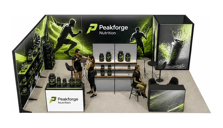 Stoisko 8 × 6 m narożne lewe dla branży suplementy diety, przykładowa marka Peakforge Nutrition