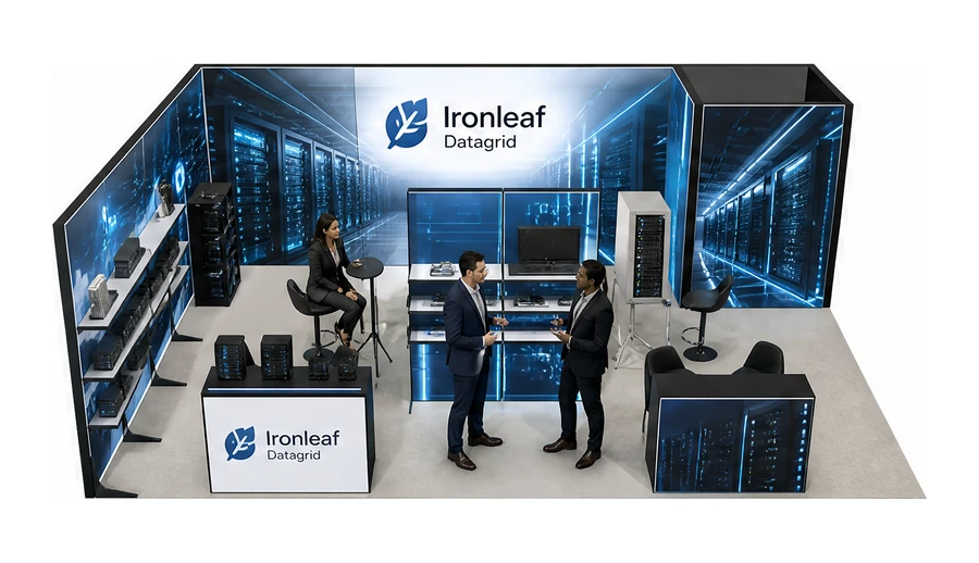 Stoisko 8 × 6 m narożne lewe dla branży infrastruktura IT i data center, przykładowa marka Ironleaf Datagrid