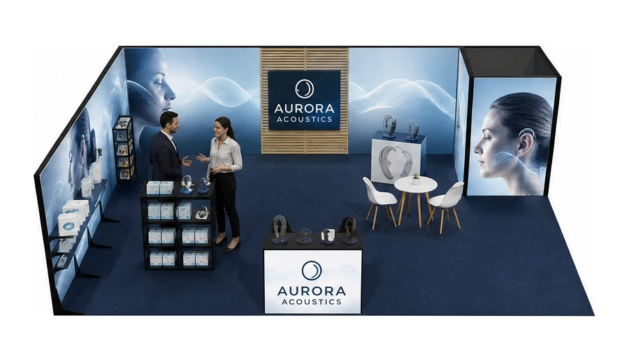Stoisko 8 × 6 m narożne lewe dla branży optyka i audiologia, przykładowa marka Aurora Acoustics
