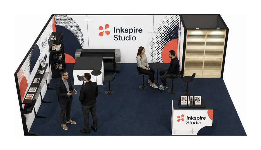Stoisko 8 × 6 m narożne lewe dla branży reklama i druk, przykładowa marka Inkspire Studio