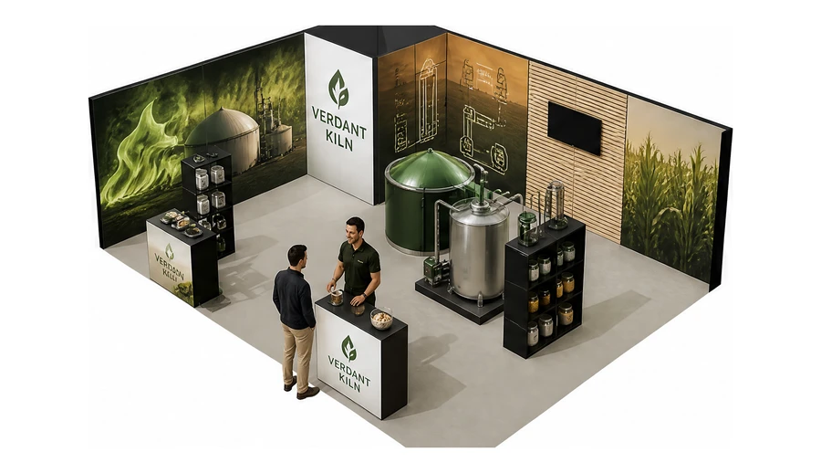 Stoisko 8 × 6 m narożne lewe dla branży biogaz i OZE, przykładowa marka Verdant Kiln