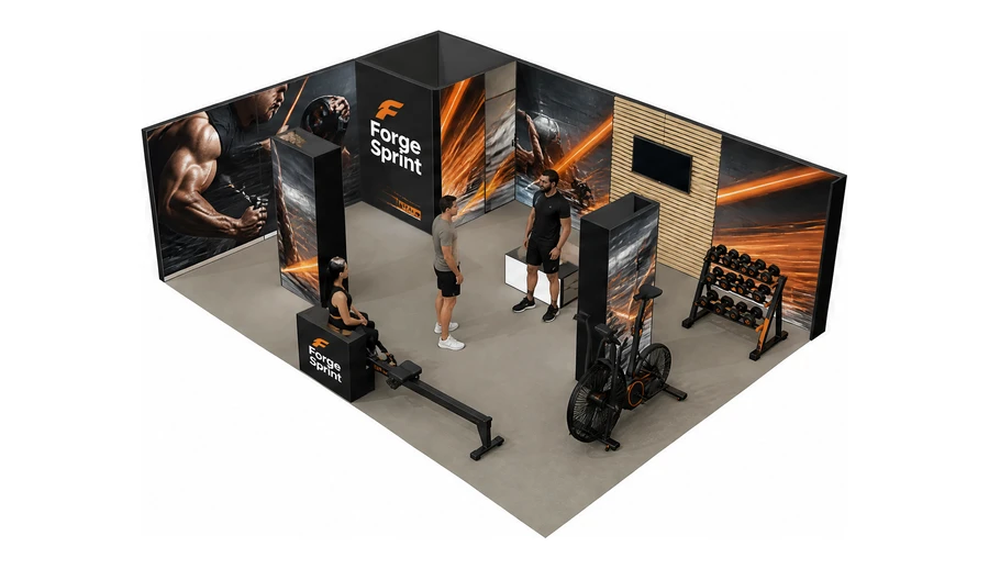 Stoisko 8 × 6 m narożne lewe dla branży fitness i siłownie, przykładowa marka Forge Sprint