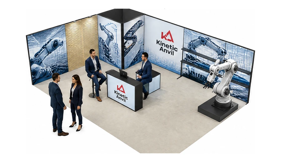 Stoisko 8 × 6 m narożne lewe dla branży automatyka przemysłowa, przykładowa marka Kinetic Anvil