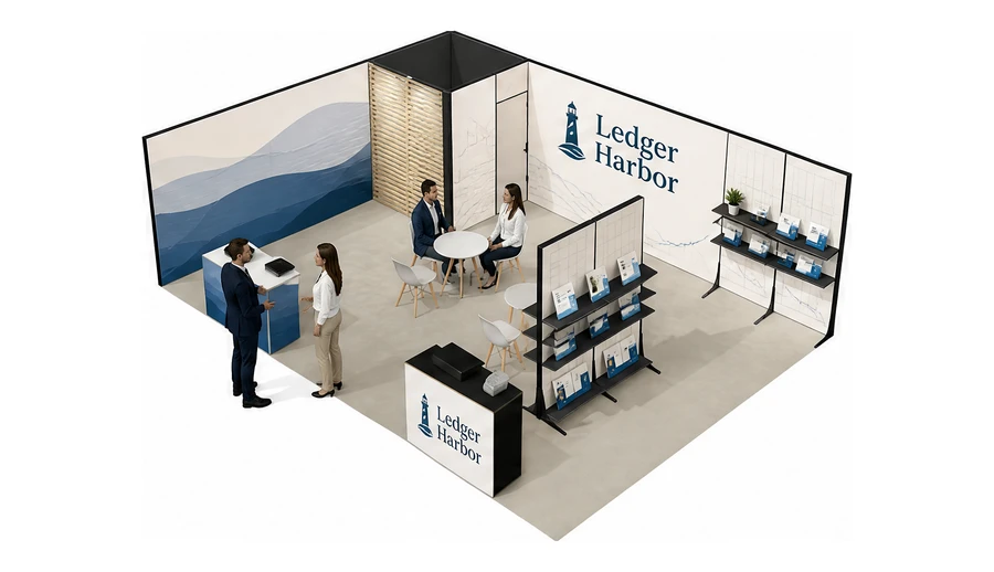 Stoisko 8 × 6 m narożne lewe dla branży usługi finansowe i księgowe, przykładowa marka Ledger Harbor