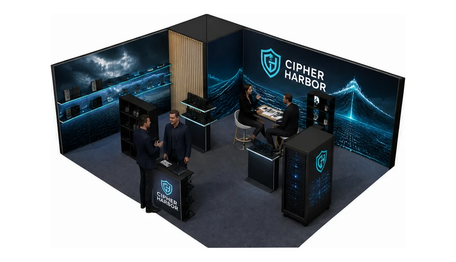 Stoisko 8 × 6 m narożne lewe dla branży cyberbezpieczeństwo, przykładowa marka Cipher Harbor