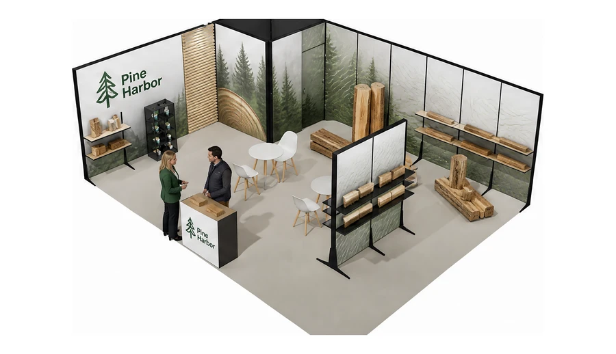 Stoisko 8 × 6 m narożne lewe dla branży leśnictwo i przemysł drzewny, przykładowa marka Pine Harbor