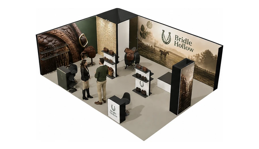 Stoisko 8 × 6 m narożne lewe dla branży jeździectwo, przykładowa marka Bridle Hollow