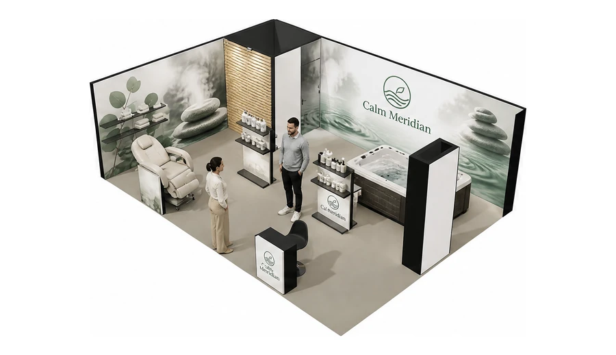 Stoisko 8 × 6 m narożne lewe dla branży spa i wellness, przykładowa marka Calm Meridian