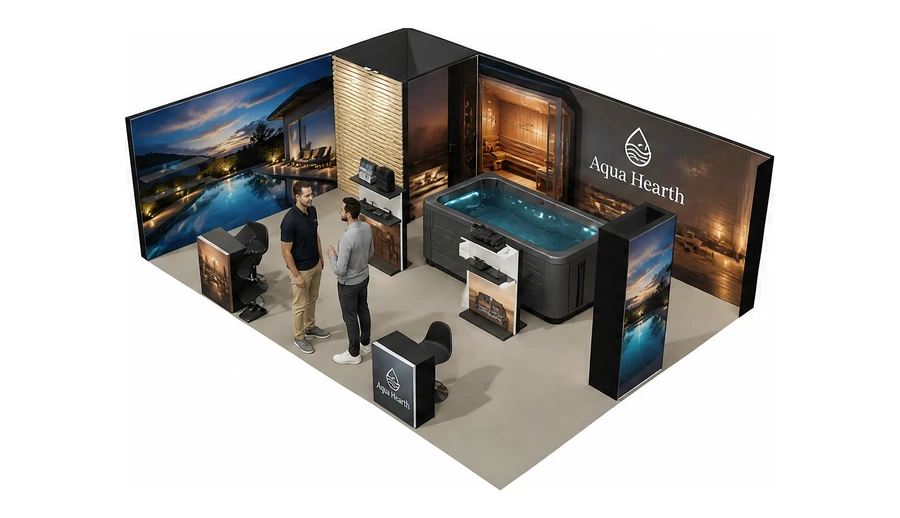 Stoisko 8 × 6 m narożne lewe dla branży baseny i sauny, przykładowa marka Aqua Hearth