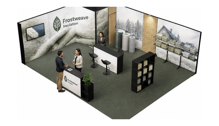 Stoisko 8 × 6 m narożne lewe dla branży izolacje techniczne, przykładowa marka Frostweave Insulation