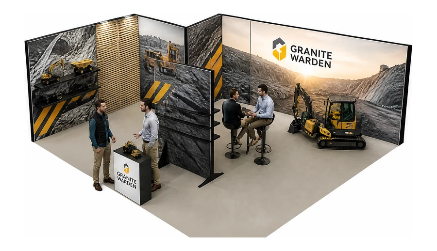 Stoisko 8 × 6 m narożne lewe dla branży maszyny budowlane, przykładowa marka Granite Warden