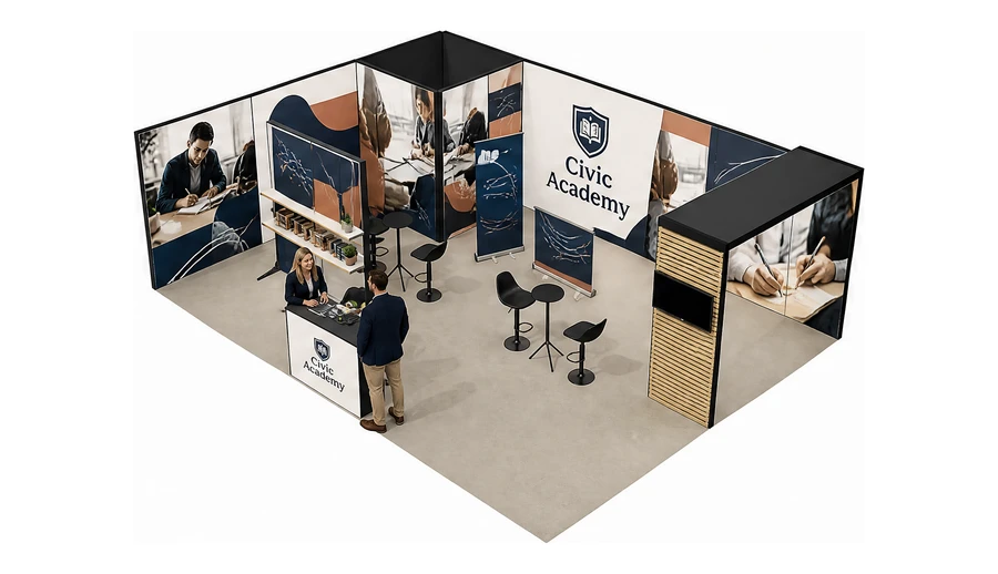 Stoisko 8 × 6 m narożne lewe dla branży edukacja i szkolenia, przykładowa marka Civic Academy