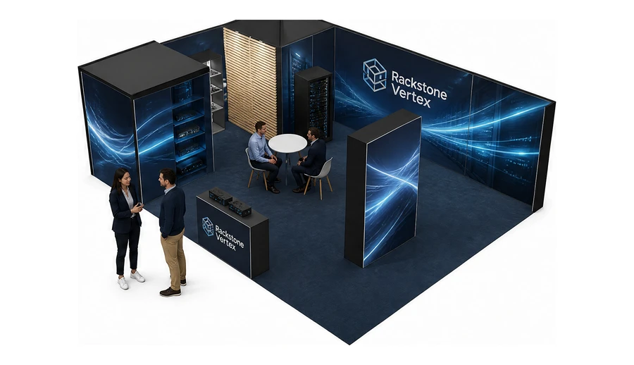 Stoisko 8 × 6 m narożne lewe dla branży infrastruktura IT i data center, przykładowa marka Rackstone Vertex