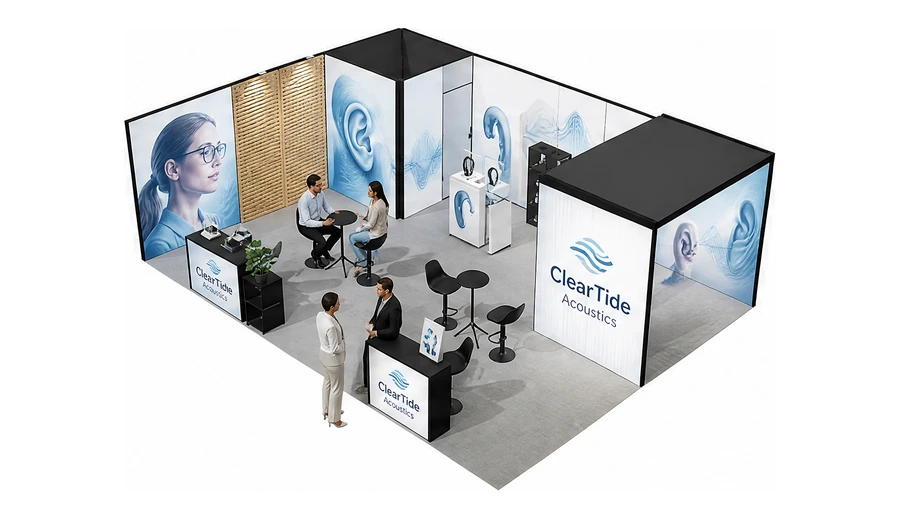 Stoisko 8 × 6 m narożne lewe dla branży optyka i audiologia, przykładowa marka ClearTide Acoustics