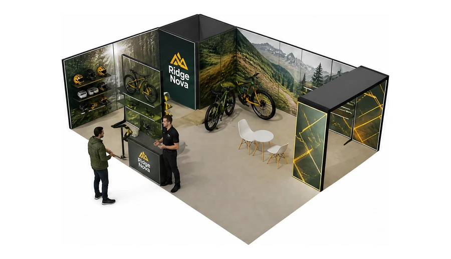Stoisko 8 × 6 m narożne lewe dla branży rowery elektryczne, przykładowa marka Ridge Nova