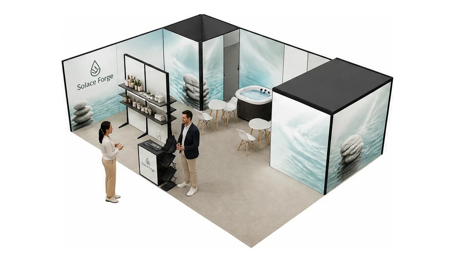 Stoisko 8 × 6 m narożne lewe dla branży spa i wellness, przykładowa marka Solace Forge