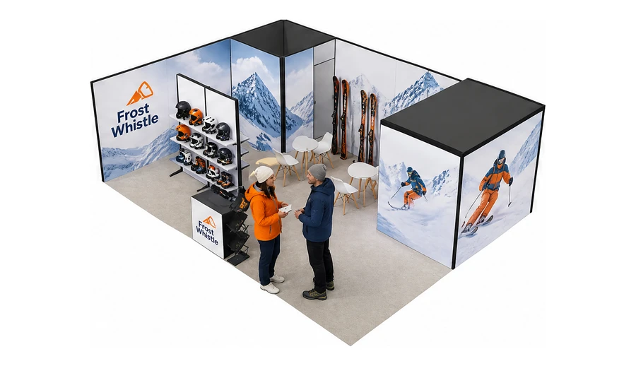 Stoisko 8 × 6 m narożne lewe dla branży narciarstwo i sporty zimowe, przykładowa marka Frost Whistle