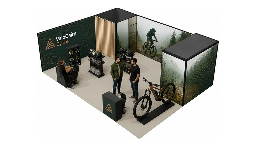 Stoisko 8 × 6 m narożne lewe dla branży rowery elektryczne, przykładowa marka VeloCairn Cycles