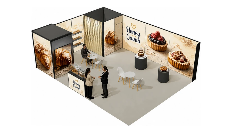 Stoisko 8 × 6 m narożne lewe dla branży piekarnictwo i cukiernictwo, przykładowa marka Honey Crumb