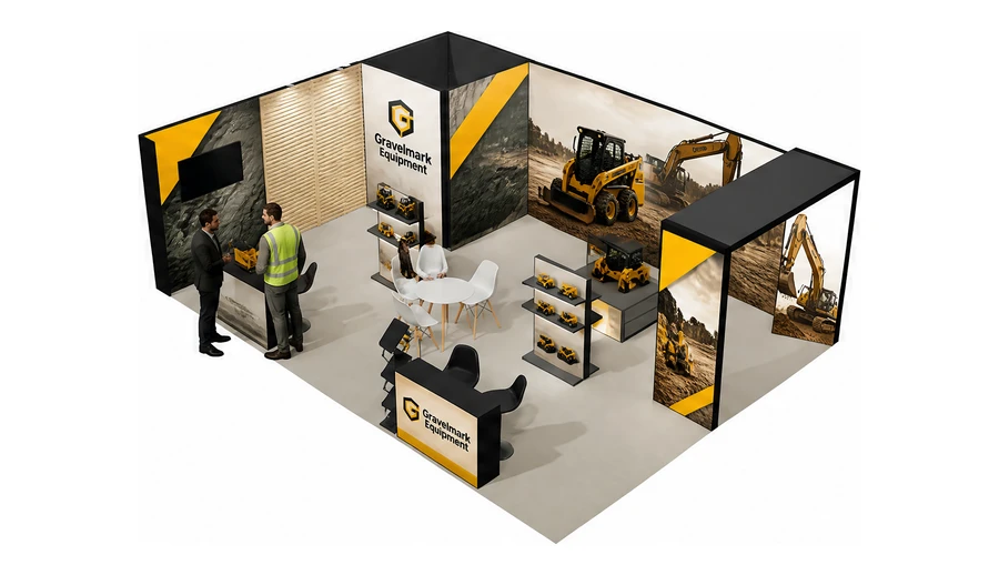 Stoisko 8 × 6 m narożne lewe dla branży maszyny budowlane, przykładowa marka Gravelmark Equipment